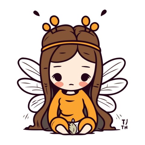 Cute little fairy sitting and holding coin. Vector cartoon illus