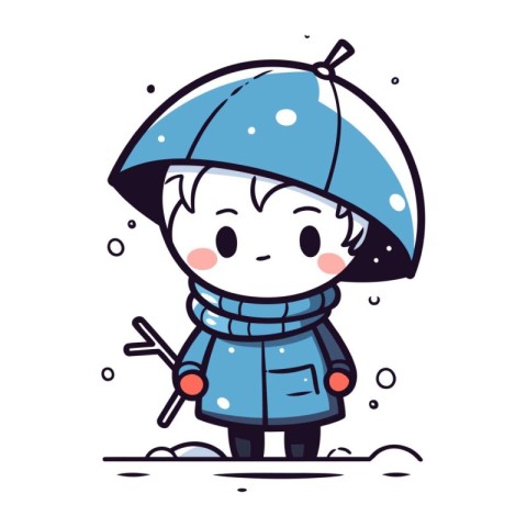 Cute boy in winter clothes with an umbrella. Vector illustration