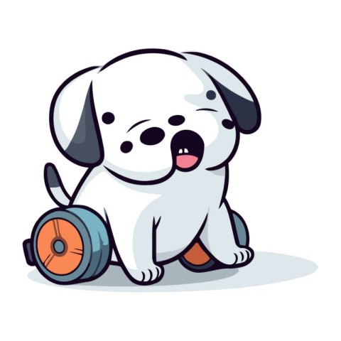 Illustration of Cute Cartoon White Puppy with Wheelbarrow