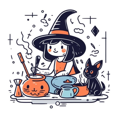 Cute girl in witch costume preparing potion. Halloween vector il