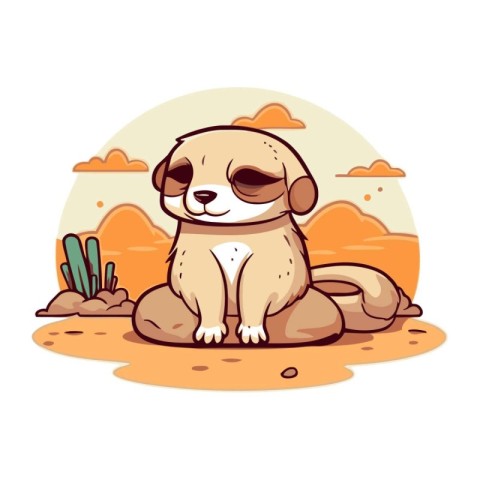 Cute dog sitting on the rock in the desert. Vector illustration.