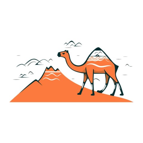 Camel on the background of mountains. Vector illustration in fla