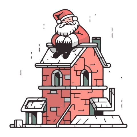 Santa Claus sitting on the roof of a house. Vector illustration.