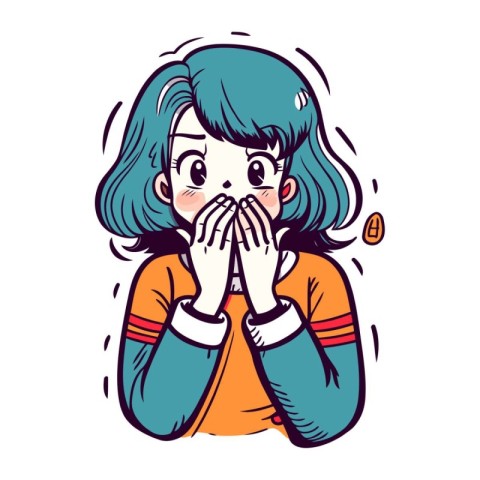 Cute girl sneezing and covering mouth with hands. Vector illustr