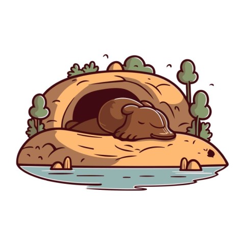 Vector illustration of a sleeping bear in a cave. Cartoon style.