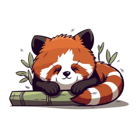 Cute cartoon red panda sleeping on bamboo. Vector illustration.