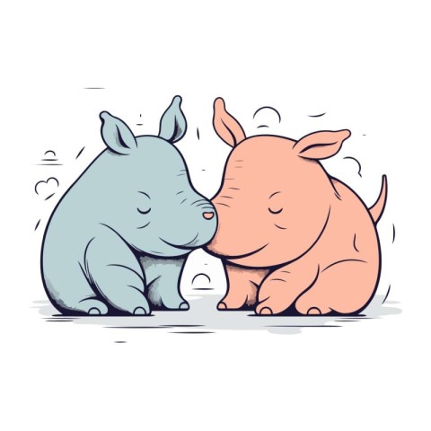 Cute cartoon rhinoceros and hippo. Vector illustration.