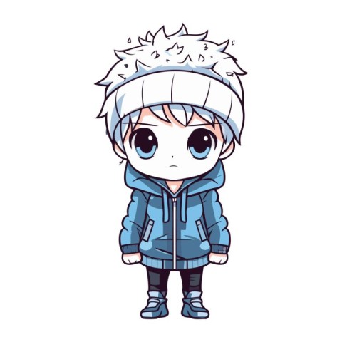 Cute cartoon boy in winter clothes isolated on white background.