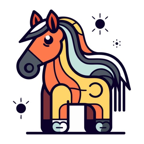 Horse sitting on a rocking horse. Flat line art vector illustrat