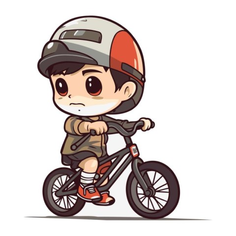 Biker boy in helmet riding bicycle. Cute cartoon character.