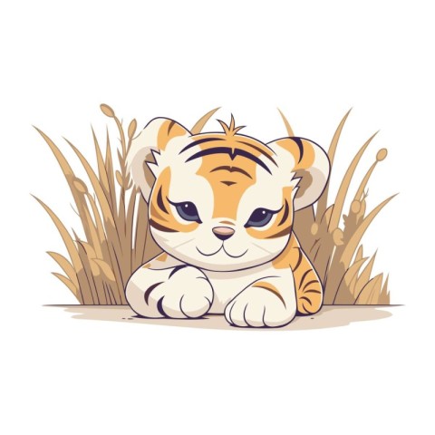 Cute tiger sitting in the grass. Vector illustration of a cartoo