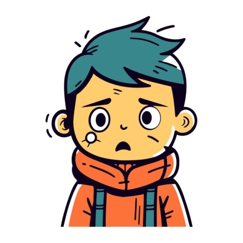 Sad boy with winter clothes. Vector illustration in a flat style