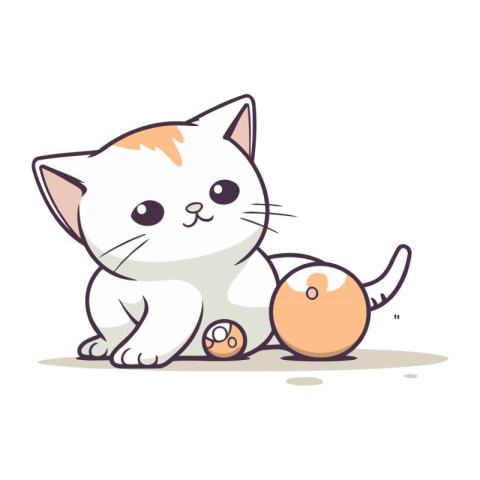 Cute cartoon cat sitting and playing with ball. Vector illustrat