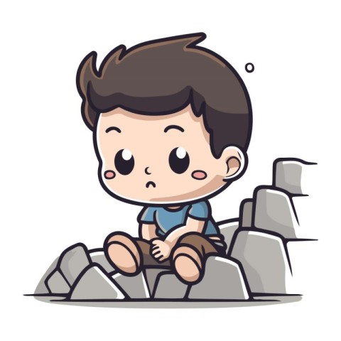 Little boy sitting on the stone wall. Vector cartoon character i