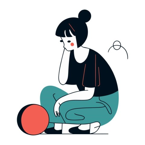 Sad young woman sitting on the floor and holding a ball. Vector