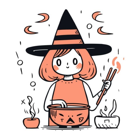 Girl in a witch costume holding a pot of soup. Vector illustrati