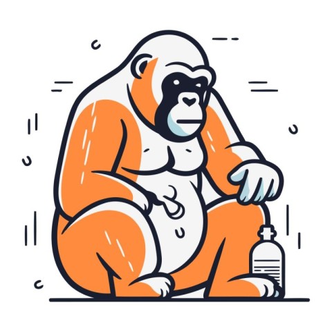 Gorilla with a bottle of water. Linear style vector illustration