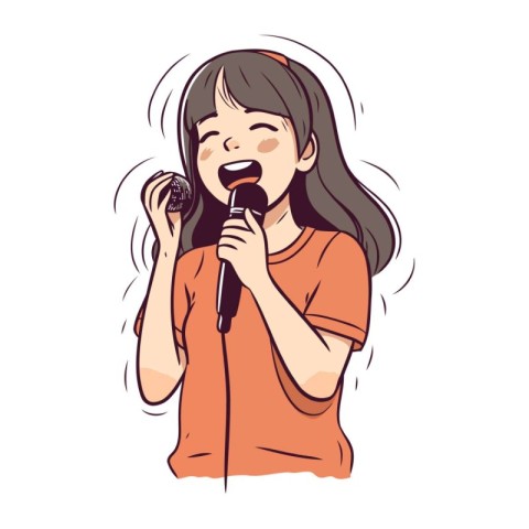 Illustration of a cute little girl singing karaoke with micropho