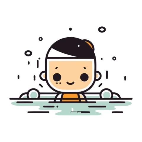 Cute cartoon boy swimming in the pool. Vector line icon.