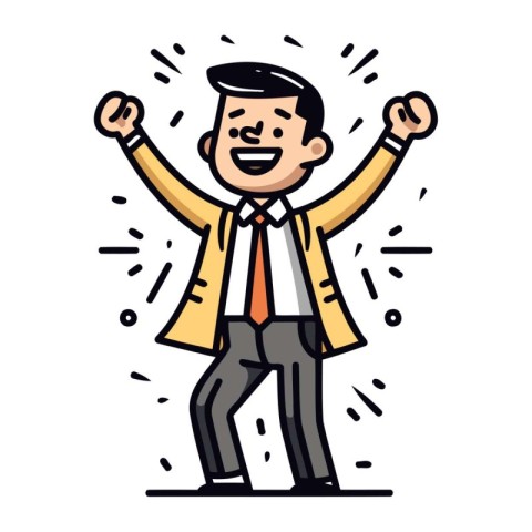 Happy businessman with hands up. Vector illustration in thin lin