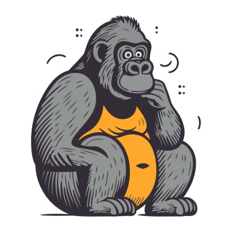 Vector illustration of a gorilla sitting and holding an orange i