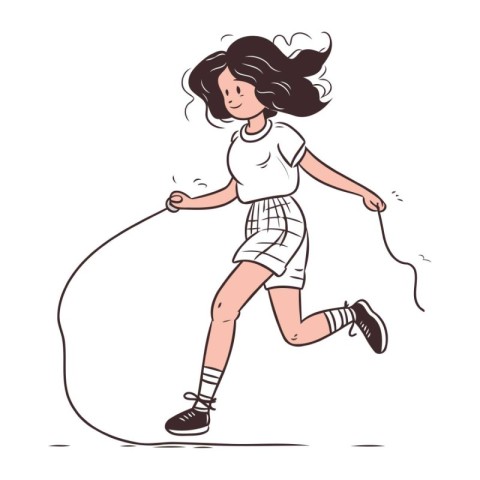 Fitness girl jumping with skipping rope. Vector illustration in