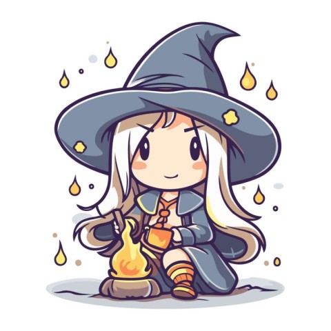 Cute little witch sitting by the campfire. Vector illustration.