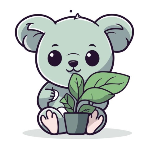 Cute koala holding plant in pot. Cute cartoon vector illustratio