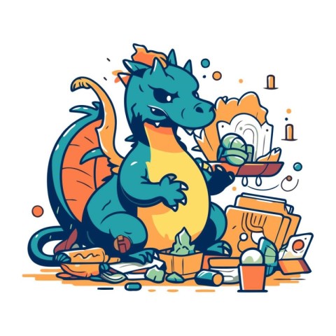 Vector illustration of a dragon eating a lot of food. Isolated o