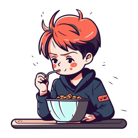 Vector illustration of a boy eating a bowl of cornflakes.