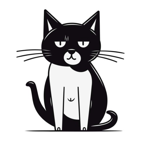 Black and white cat isolated on a white background. Vector illus