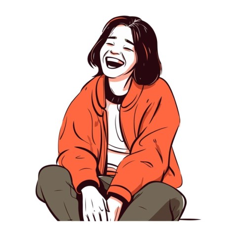 Smiling young woman in a red hoodie. Vector illustration.