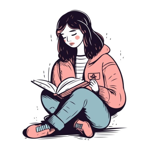 Girl reading a book. Sketch. Vector illustration in sketch style