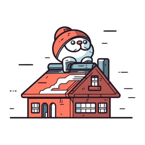 Cute cat in Santa Claus hat sitting on roof of house. Vector ill