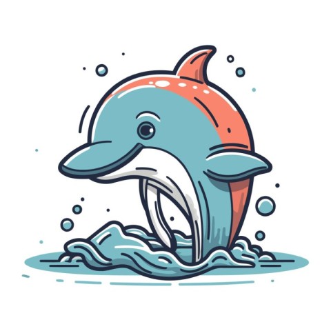 Cartoon dolphin jumping out of water. Vector illustration in doo