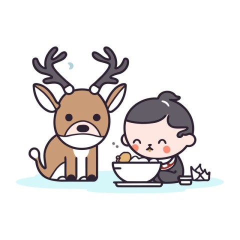 cute boy eating ice cream with his reindeer vector illustration