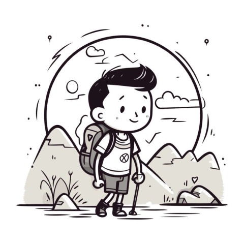 Cute boy with backpack hiking in the mountains. Vector illustrat