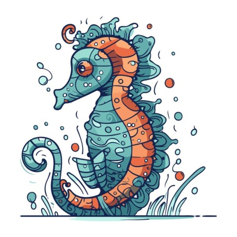 Hand drawn sea horse. Vector illustration in doodle style.