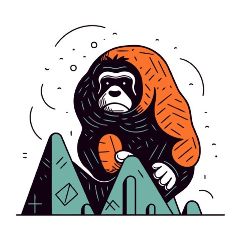 Gorilla in the mountains. Vector illustration in linear style.