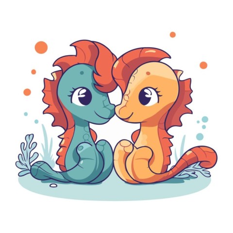 Cute cartoon seahorses on the beach. Vector illustration.