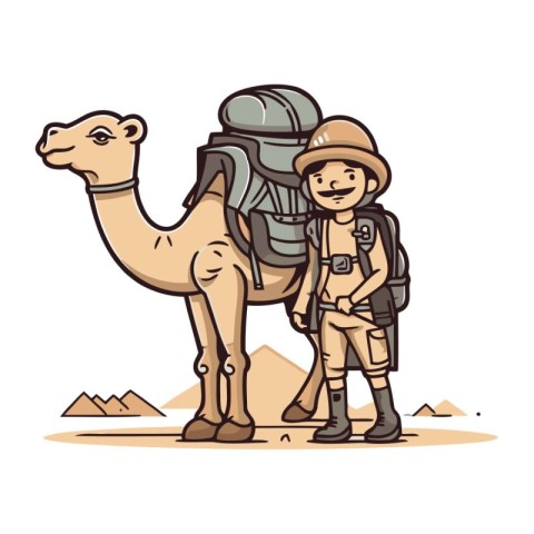 Illustration of a boy in safari outfit and a camel.