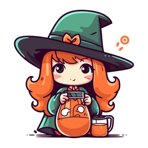 Cute witch girl holding a cup of tea. Vector illustration.