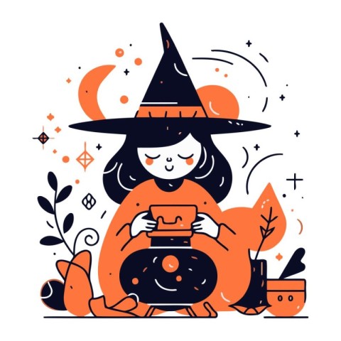 Cute girl in a witch costume is preparing for Halloween. Vector