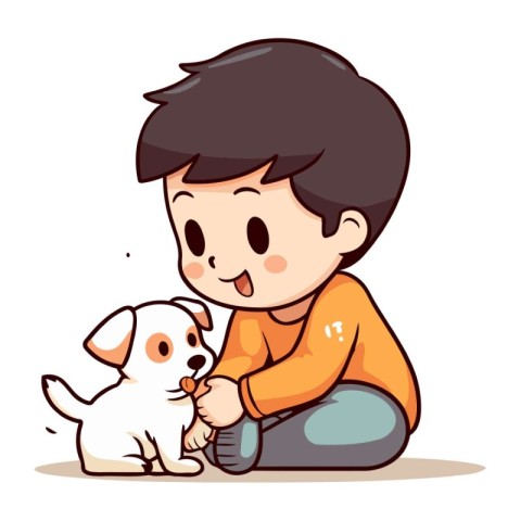 Vector illustration of a boy playing with a dog on white backgro