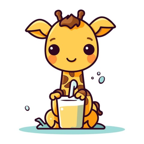 Cute Giraffe drinking a glass of milk. Vector illustration.