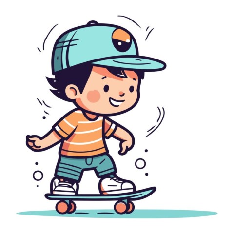 Cute little boy riding skateboard. Vector illustration in cartoo