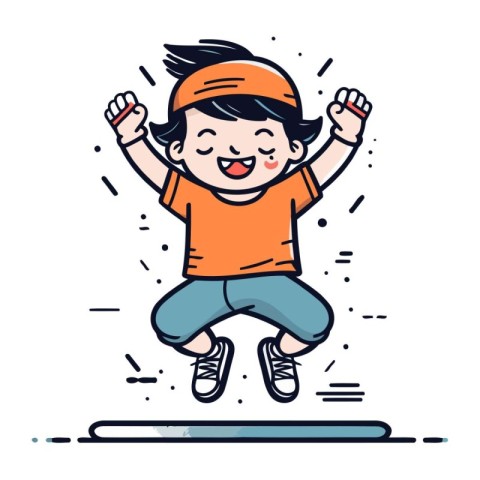 Happy little boy jumping and having fun. Vector line art illustr