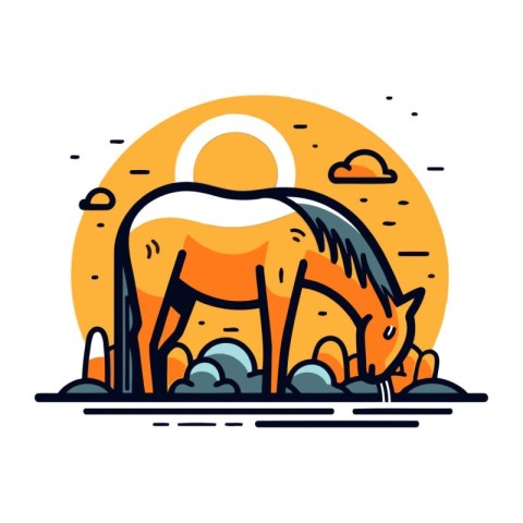 Horse in the field. Vector illustration in flat linear style.