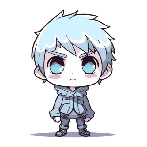 Cute anime boy with blue hair and blue eyes. Vector illustration