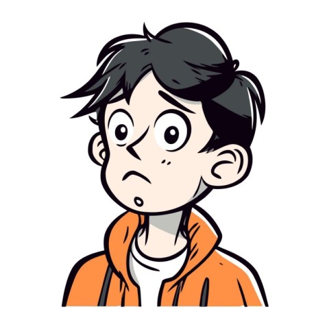 Cartoon illustration of a boy in an orange jacket looking confus